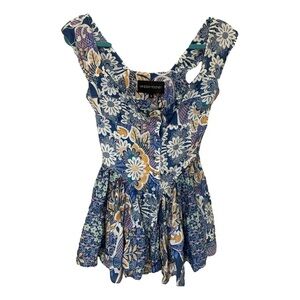 Vanessa Mooney Blue White and Gold Floral Tiered Dress
